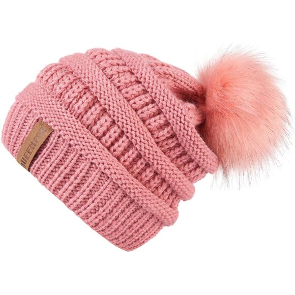 Women Single Pink Soft Acrylic Thick Baggy Knit Winter Faux Fur Pompom Beanie - Picture 5 of 6